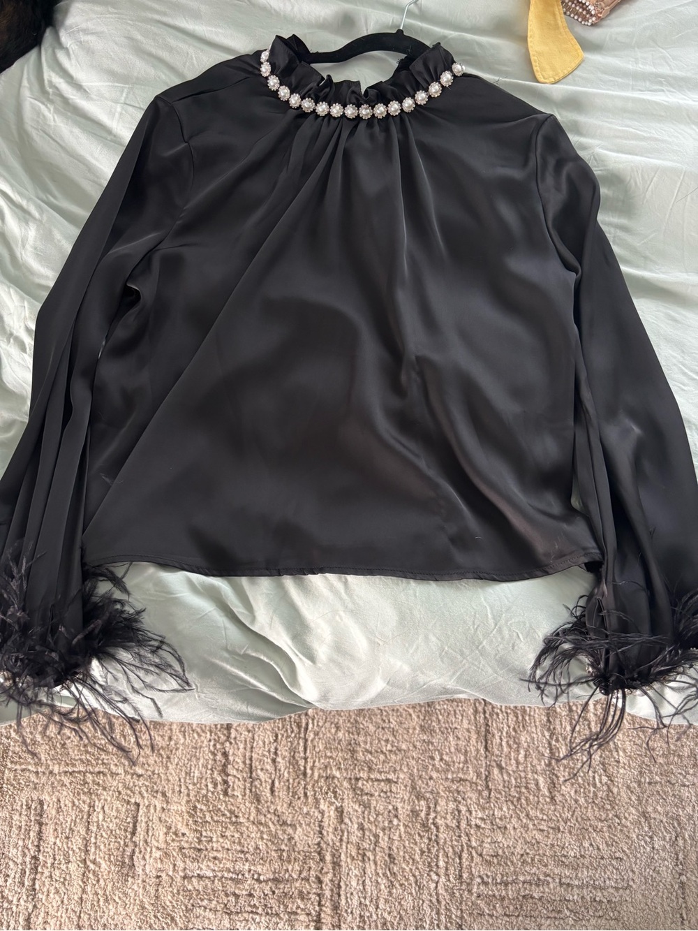 Black Satin Jewel-Neck Long-Sleeve Top with Feather Cuffs